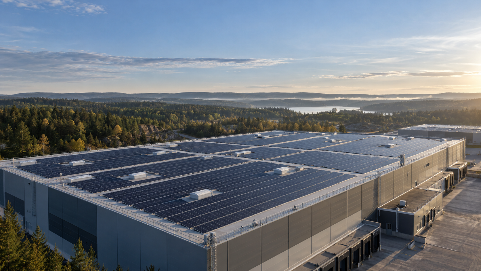 Flygbild över stor logistikfastighet med solcellsanläggning på taket
